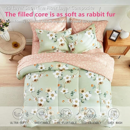 AIKASY 6 Piece Floral Comforter Set Twin Size - Soft Microfiber Bed in a Bag with Sheet Set for All Seasons - Green Flower Botanical Design - Reversible Bedding Set