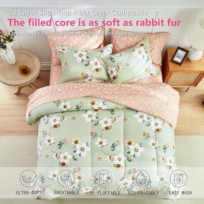 AIKASY 7 Piece Floral Comforter Set Queen Size - Soft Microfiber Bed in a Bag with Sheet Set for All Seasons - Green Flower Botanical Design - Reversible Bedding Set