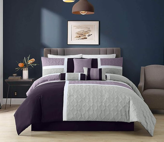 Chezmoi Collection Upland 7-Piece Quilted Patchwork Comforter Set, Lavender/Gray/Purple, Queen