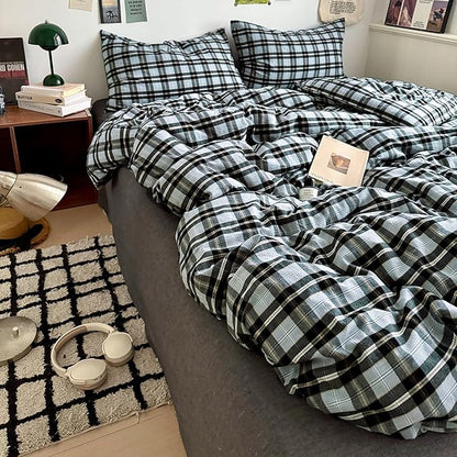 EAVD Vintage Gingham Comforter Set Queen Soft 100% Washed Cotton Chic Light Blue Grey Buffalo Plaid Comforter Set with 2 Pillowcases Farmhouse Geometric Pattern Bedding Set for All-Season