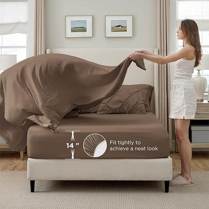 Bedsure Twin Comforter Set Brown - Bed in a Bag Twin Size Bedding 5 Pieces, GentleSoft™ Pintuck Bed Set Gift for Family, Pinch Pleat Brown Comforter with Sheets, Pillowcase & Sham