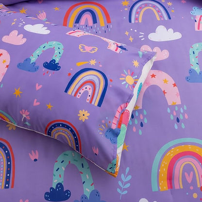 Btargot Lightweight Soft 3 Piece Rainbow Comforter Set with 2 Pillow Covers, Cartoon Love Hearts Flowers and Sun Star Bedding Set for Girls Boys Kids, Full Dark Purple