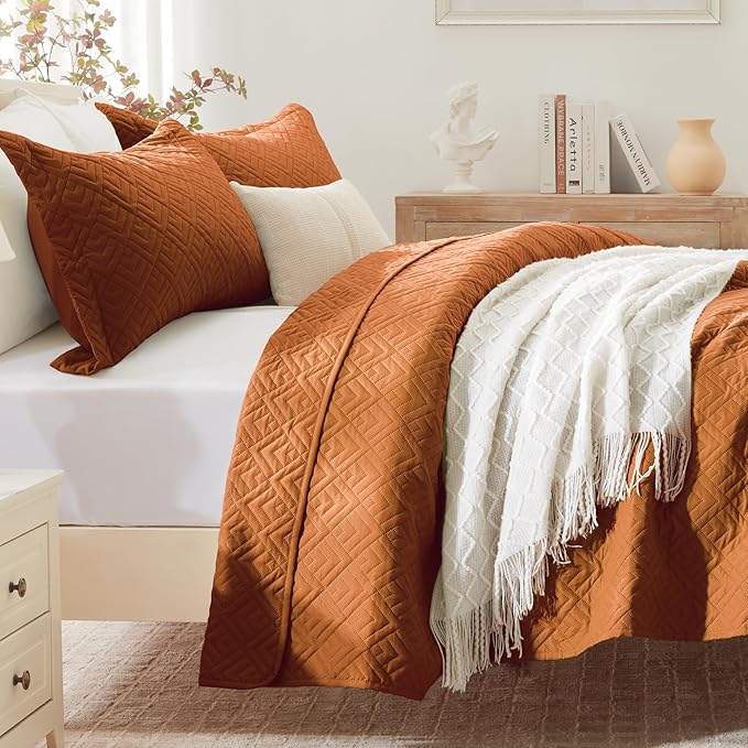 EXQ Home Quilt Set Full/Queen Size Umber 3 Piece,Lightweight Soft Coverlet Modern Style Squares Pattern Bedspread Set(1 Quilt,2 Pillow Shams)