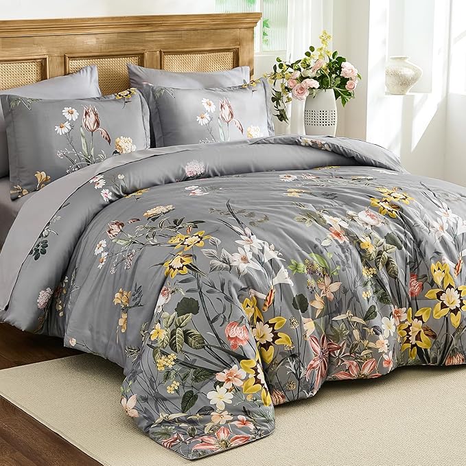 WONGS BEDDING Queen Comforter Set 7 Piece, Grey Floral Bed in a Bag Bedding Set with Botanical Flowers Patterns, Soft Lightweight Complete Comforters with Sheets for All Season