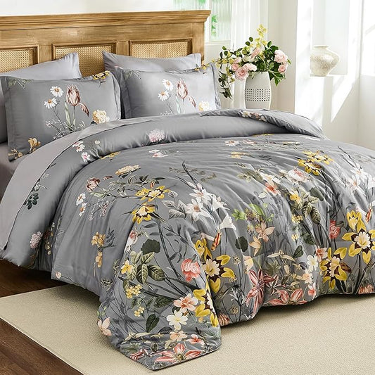 WONGS BEDDING Queen Comforter Set 7 Piece, Grey Floral Bed in a Bag Bedding Set with Botanical Flowers Patterns, Soft Lightweight Complete Comforters with Sheets for All Season