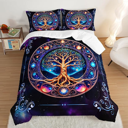 Tree of Life Bedding Full Comforter Set,Mystic Planet Starry Sky Printed Bedding Comforter Sets for Kids Boys Girls Room Decor,Bohemian Bedding Puffy Comforter Sets 2 Pillowcases.