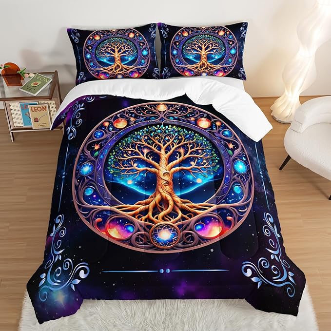 Tree of Life Bedding King Comforter Set,Mystic Planet Starry Sky Printed Bedding Comforter Sets for Kids Boys Girls Room Decor,Bohemian Bedding Puffy Comforter Sets 2 Pillowcases.