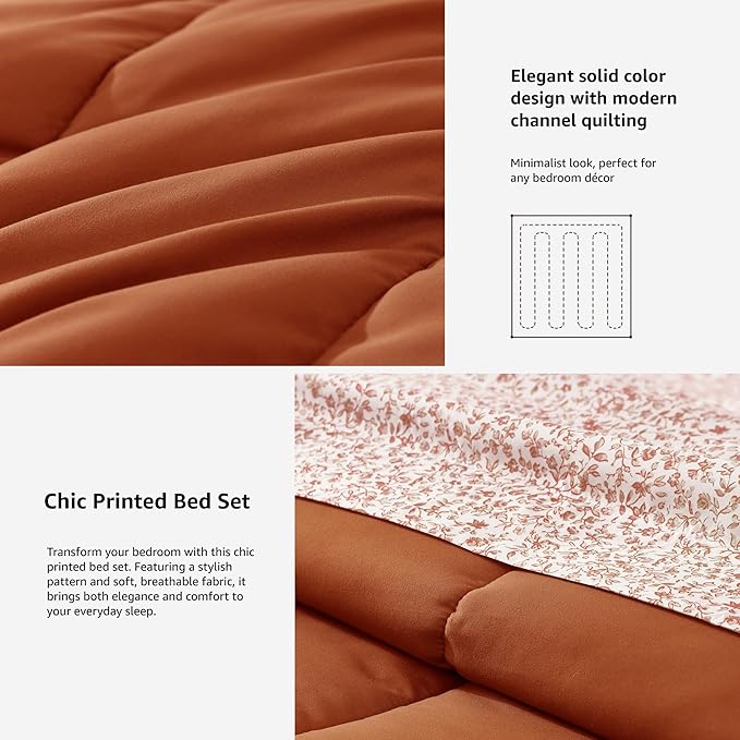 Monbix Full Comforter Set - 7 Pieces Burnt Orange Bed in a Bag Full Size Track Stitching Bedding Sets, All Seasons Comforter with Sheets, Pillowcases & Shams