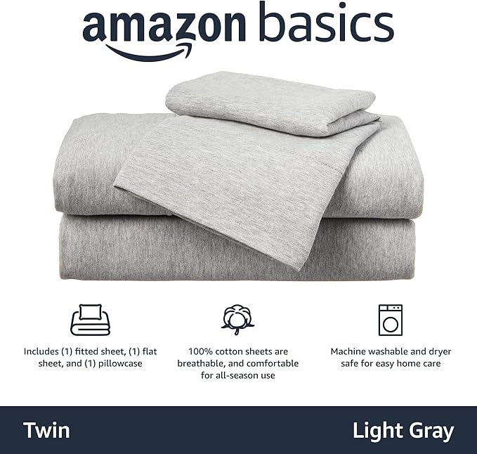 Amazon Basics Breathable, Stretchy 100% Cotton Jersey Knit 3 Piece Bed Sheet Set with Deep Pockets, Flat and Fitted Sheets, Pillowcase, Machine Washable, Twin, Light Gray, Solid