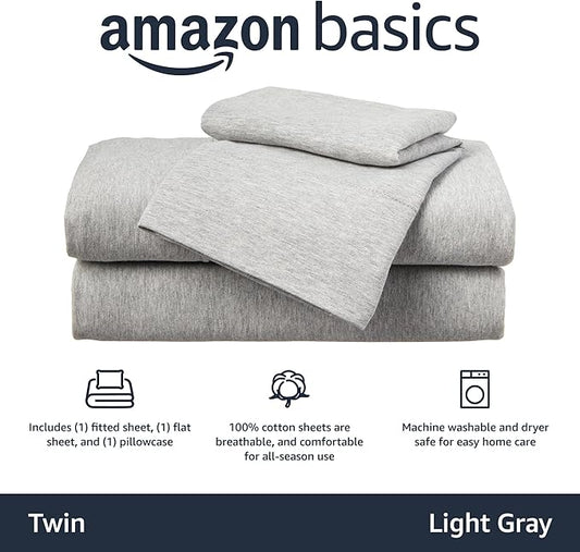 Amazon Basics Breathable, Stretchy 100% Cotton Jersey Knit 3 Piece Bed Sheet Set with Deep Pockets, Flat and Fitted Sheets, Pillowcase, Machine Washable, Twin, Light Gray, Solid