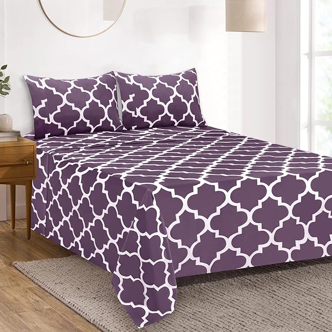 Mejoroom Full Bed Sheet Set - Super Soft Brushed Microfiber 1800 Thread Count Sheets with 16 inch Deep Pocket - Wrinkle Free - 4 Piece(Full, Purple Quatrefoil with White Pattern)