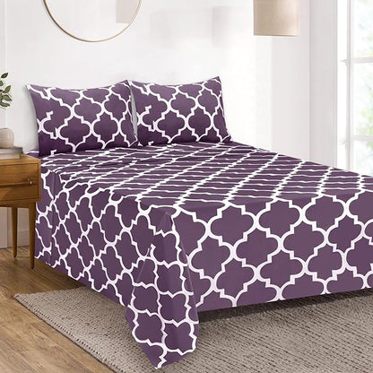 Mejoroom Full Bed Sheet Set - Super Soft Brushed Microfiber 1800 Thread Count Sheets with 16 inch Deep Pocket - Wrinkle Free - 4 Piece(Full, Purple Quatrefoil with White Pattern)