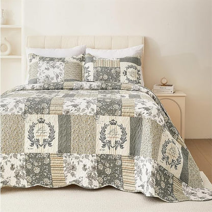 Cmfshape Floral Quilt Queen,3-Pcs Bird Pattern Queen Set,Lightweight Bedspread for Size Bed,Grey Plaid Farmhouse Reversible Bed All Season,Country Quilted Blanket(Grey&White Queen90”x90”)