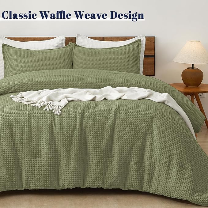 PHF Ultra Soft Waffle Weave Comforter Set Queen Size, 3 Pieces Lightweight Breathable Comfy Bedding Set, Comfy Textured 1 Comforter with 2 Pillow Shams, Olive Green