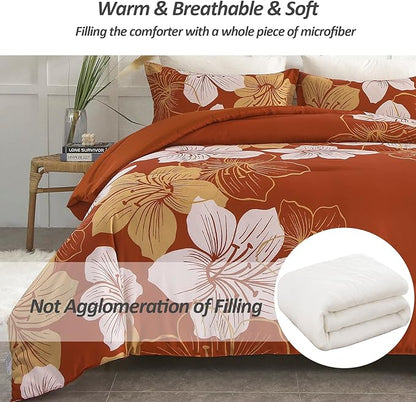 Menghomeus Terracotta Comforter Set King Gold Floral Bedding Burnt Orange Botanical Bedding Sets Lightweight Thanksgiving Bed Comforter Set (1 Comforter, 2 Pillowcases)