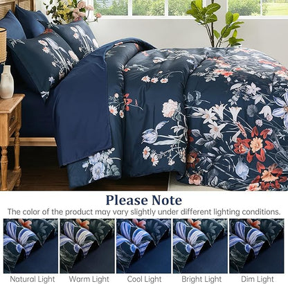 WONGS BEDDING King Comforter Set 7 Piece, Navy Blue Floral Bed in a Bag Bedding Set with Botanical Flowers Patterns, Soft Lightweight Complete Comforters with Sheets for All Season