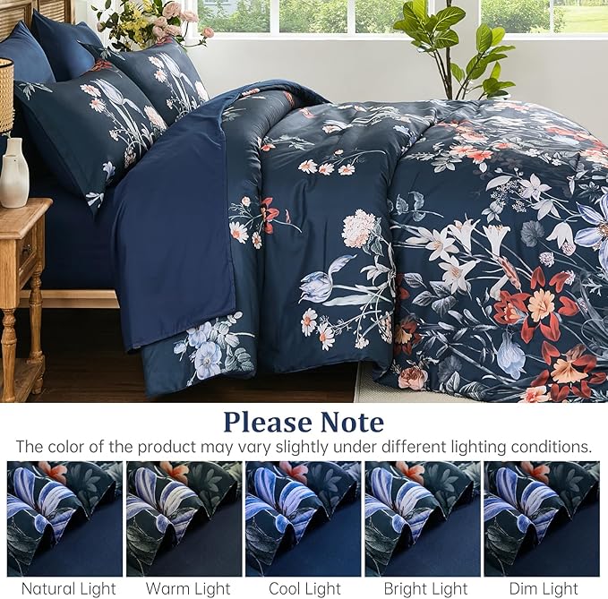 WONGS BEDDING Queen Comforter Set 7 Piece, Navy Blue Floral Bed in a Bag Bedding Set with Botanical Flowers Patterns, Soft Lightweight Complete Comforters with Sheets for All Season