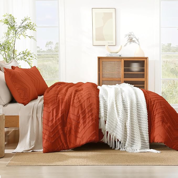 Litanika Burnt Orange King Comforter Set, 3 Pieces Lightweight Terracotta Rust Boho Fall Tufted Bedding Sets, Down Alternative Comforter Fluffy Bed Set Gift Choice