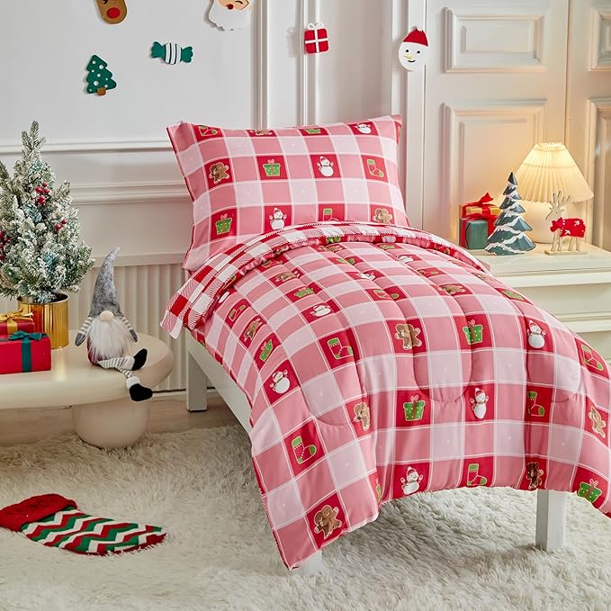 Christmas Toddler Bedding Set for Boys Girls Red White Plaid Colorful Holiday 4PC Toddler Bed Set - Cute Toddler White Bed in a Bag with Snowman Socks GIF Box
