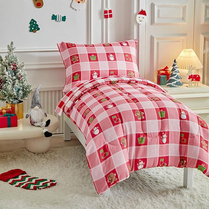 Christmas Toddler Bedding Set for Boys Girls Red White Plaid Colorful Holiday 4PC Toddler Bed Set - Cute Toddler White Bed in a Bag with Snowman Socks GIF Box