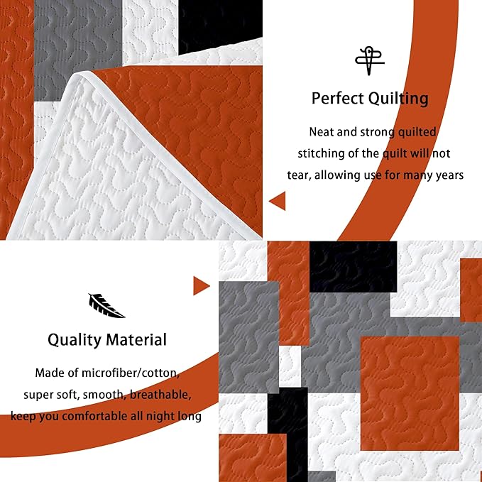 3 Piece Orange Grey Quilt Set King Size Black White Gray Geometric Reversible Bedding Set Microfiber Lightweight Bedspread Coverlet with 2 Shams Modern Bed Covers for All Season, 106''x96''