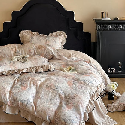 VM VOUGEMARKET Full Duvet Cover with Romantic Ruffles Breathable Muslin Cotton,Soft Textured Gauze Weave Comforter Cover with Zip Closure and Corner Ties- 80"x90"