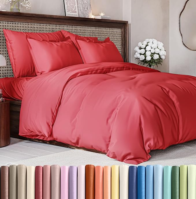 Duvet Cover Cal King Size Set - Extra Soft Cal King Duvet Cover 104" x 98" with 2 Pillow Shams - Hotel Luxury, Easy Care & Fade Free w/ Zipper Closures & Ties - All Season, Comfy & Breathable (Red)