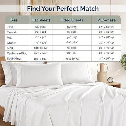 Casa Platino Split King Sheets Set –100% Cotton Split King Sheets with 4 Pillowcases, Lightweight Feel & Secure Fit, Crisp & Breathable Percale Weave with 15" Deep Pocket, Soft and Cozy – Pure White