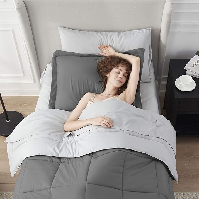 Nestl 5 Piece Twin Comforter Set – Grey Reversible Bed in a Bag – Complete Twin Size Bedding Set with Sheets, Pillowcase and Sham