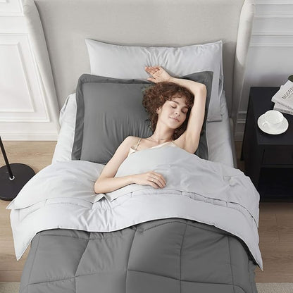 Nestl 5 Piece Twin Comforter Set – Grey Reversible Bed in a Bag – Complete Twin Size Bedding Set with Sheets, Pillowcase and Sham