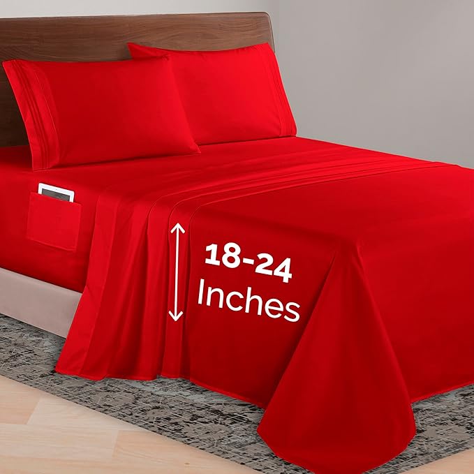 Elegant Comfort Luxurious 1500 Premium Hotel Quality Microfiber 4-Piece Sheet Set, 18-24 Inches Deep - Extra Deep Pocket Sheets - Ultra Soft 4PC Deep Pocket Sheets, California King, Red