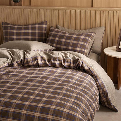 EAVD Vintage Style Brown&Blue Buffalo Plaid Duvet Cover King Soft 100% Cotton Muslin Blue Brown Grid Plaid Bedding Set with 2 Pillowcases Farmhouse Gingham Duvet Cover with Zipper Closure