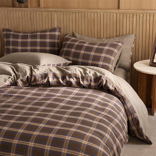 EAVD Vintage Style Brown&Blue Buffalo Plaid Duvet Cover Set Queen Soft 100% Cotton Muslin Blue Brown Grid Gingham Bedding Set with 2 Pillowcases Farmhouse Gingham Duvet Cover with Zipper Closure