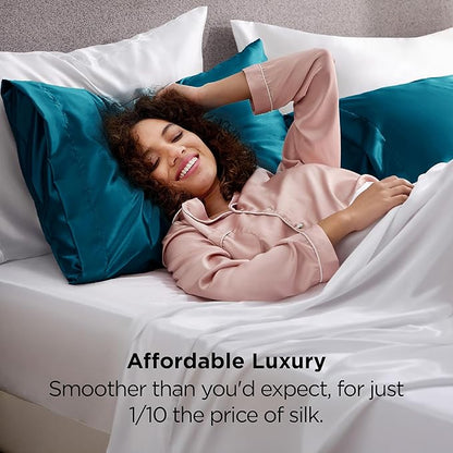 Bedsure Satin Pillowcases, Similar to Silk Pillow Cases Queen Size Set of 2, Pillow Case for Sleeping Women with Envelope Closure, Gifts for Women Men, Teal, 20x30 Inches, 2pcs
