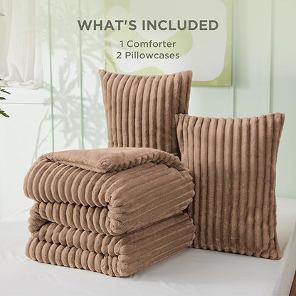 Bedsure King Comforter - GentleSoft™ 3 Pieces Double-Side Fleece Fluffy Warm Taupe Comforter Set, Cozy Striped Room Decor Aesthetic, Luxury King Size Bedding with 2 Pillowcases, 104x90 Inches