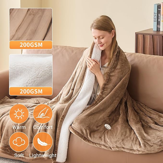 Electric Heated Blanket Full Size 72''x84'' Soft Flannel & Sherpa Electric Blanket with 10 Heating Levels, Automatically Shut Down After 8h with Overheat Protection Machine Washable