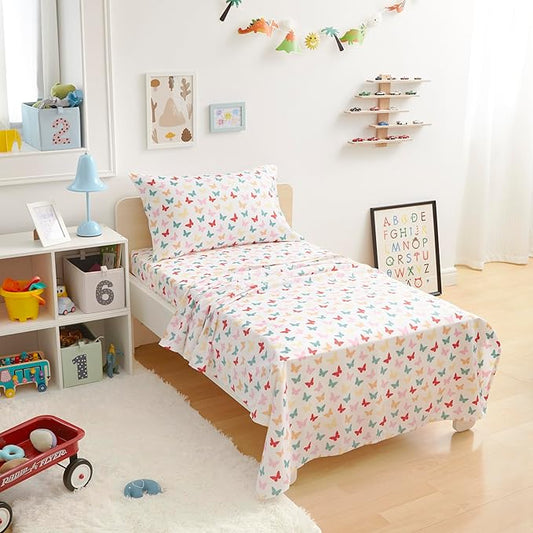 Amazon Basics Kid's Soft Easy-Wash Lightweight Microfiber 3-Piece Sheet Set, Toddler, Multi Colour, Butterflies