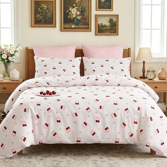 Nayoroom Pink Striped Bow Comforter Set Queen Size Red Cherry Comforter 3 Pieces Soft Lightweight Girls Cute Aesthetic Dorm Bedding Set for All Seasons