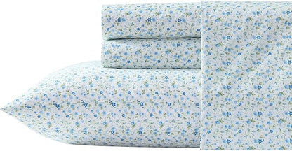 Laura Ashley - King Sheet Set, Crisp & Cool Cotton Percale Bedding with Deep Pockets, Lightweight for Year Round Comfort, Bed Sheets with Matching Pillowcases (Evie Blue)