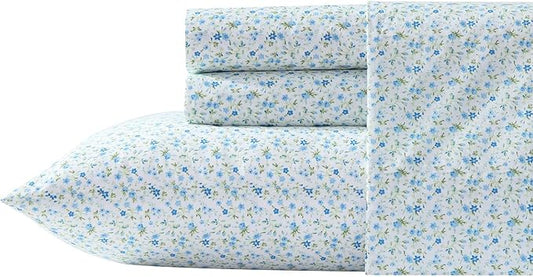 Laura Ashley - King Sheet Set, Crisp & Cool Cotton Percale Bedding with Deep Pockets, Lightweight for Year Round Comfort, Bed Sheets with Matching Pillowcases (Evie Blue)
