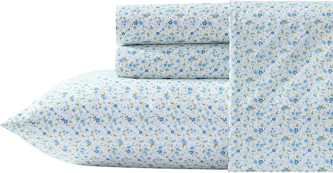 Laura Ashley - Full Sheet Set, Crisp & Cool Cotton Percale Bedding with Deep Pockets, Lightweight for Year Round Comfort, Bed Sheets with Matching Pillowcases (Evie Blue)