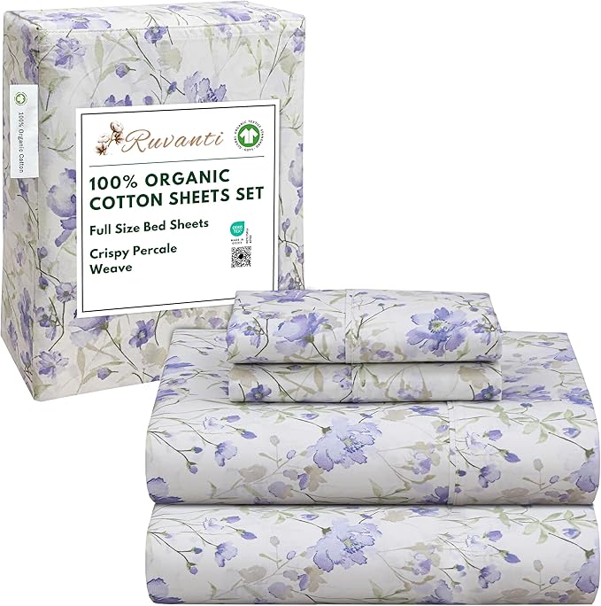 RUVANTI 100% Organic Cotton Sheets Full Size, Percale Weave, GOTS Certified, 4-Piece Set, Deep Pocket 15", Crisp & Breathable, Soft Durable Bedding, Sábanas Algodón Orgánico – Heather