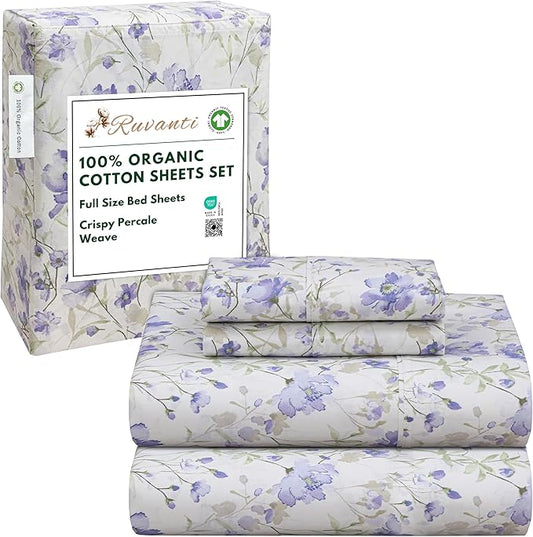 RUVANTI 100% Organic Cotton Sheets Full Size, Percale Weave, GOTS Certified, 4-Piece Set, Deep Pocket 15", Crisp & Breathable, Soft Durable Bedding, Sábanas Algodón Orgánico – Heather
