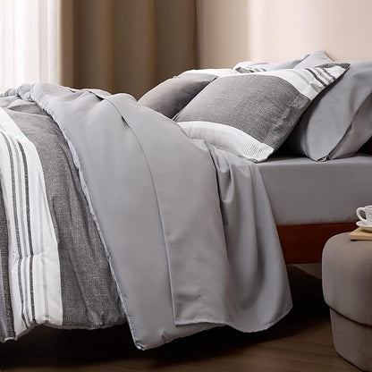 Bedsure Twin Comforter Set 5 Pieces, Frost Grey Striped Bedding Set for All Seasons, Reversible, Cationic Dyeing Bed in a Bag with Comforter, Sheets, Pillowcase & Sham