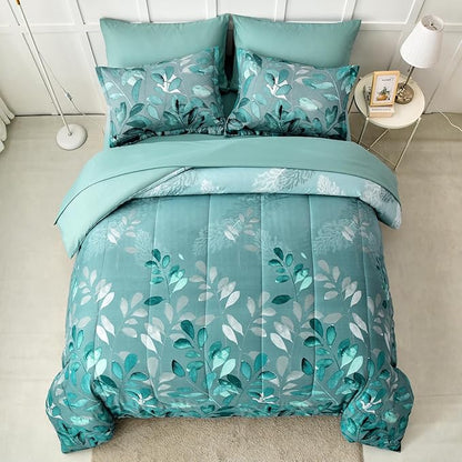 Anibedding Aqua Comforter Set Queen Size, 7 Pieces Botanical Leaves Reversible Soft Microfiber Bed in a Bag with Sheets Set All Season (90"x90")