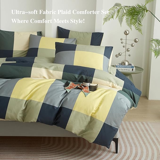 mixinni Queen Comforter Set Men Boys Geometric Checkered Plaid Printed Bedding Comforter for All Season Soft Lightweight Bedding Set-(Queen Size, Green,Yellow,Khaki)