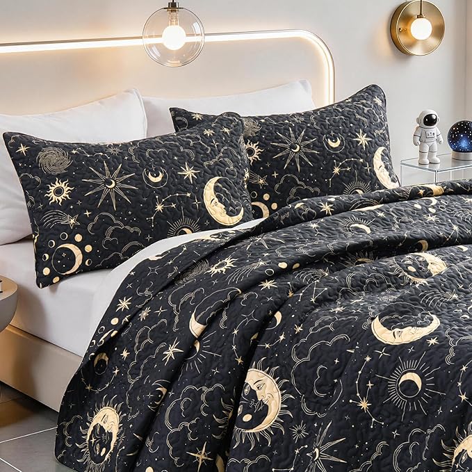 EXQ Home Quilt Set King Size Black Print 3 Piece,Lightweight Soft Coverlet Modern Style Sun Starry Pattern Bedspread Set(1 Quilt,2 Pillow Shams)