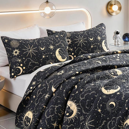 EXQ Home Quilt Set Full Queen Size Black Print 3 Piece,Lightweight Soft Coverlet Modern Style Sun Starry Pattern Bedspread Set(1 Quilt,2 Pillow Shams)