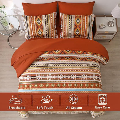 Dinjoy California King Comforter Set Size, Burnt Orange Striped Cali King Bed Set Fall Bedding Sets Terracotta 7 Pieces Boho Bed in a Bag Comforters with Sheets Aztec for Women