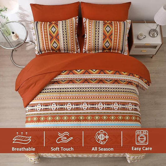 Dinjoy California King Comforter Set Size, Burnt Orange Striped Cali King Bed Set Fall Bedding Sets Terracotta 7 Pieces Boho Bed in a Bag Comforters with Sheets Aztec for Women